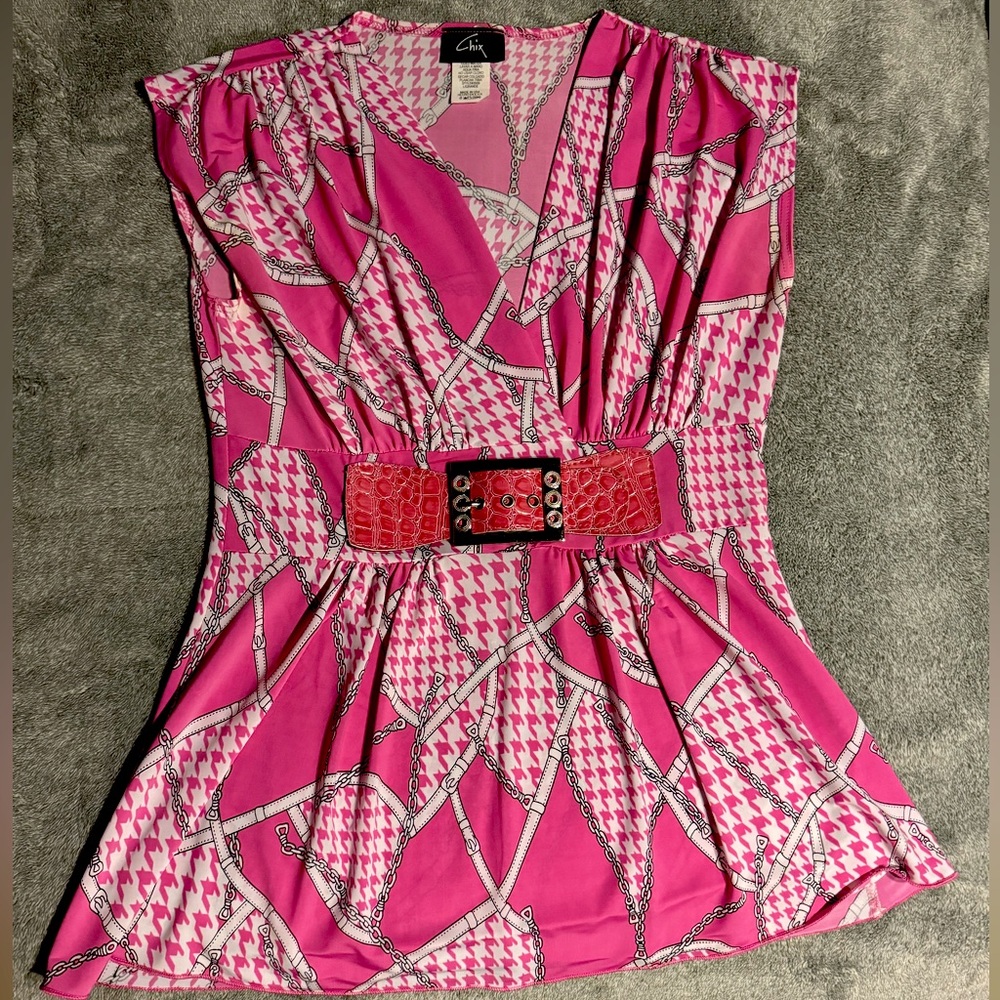 Y2K Chix club blouse with leather belt accessory